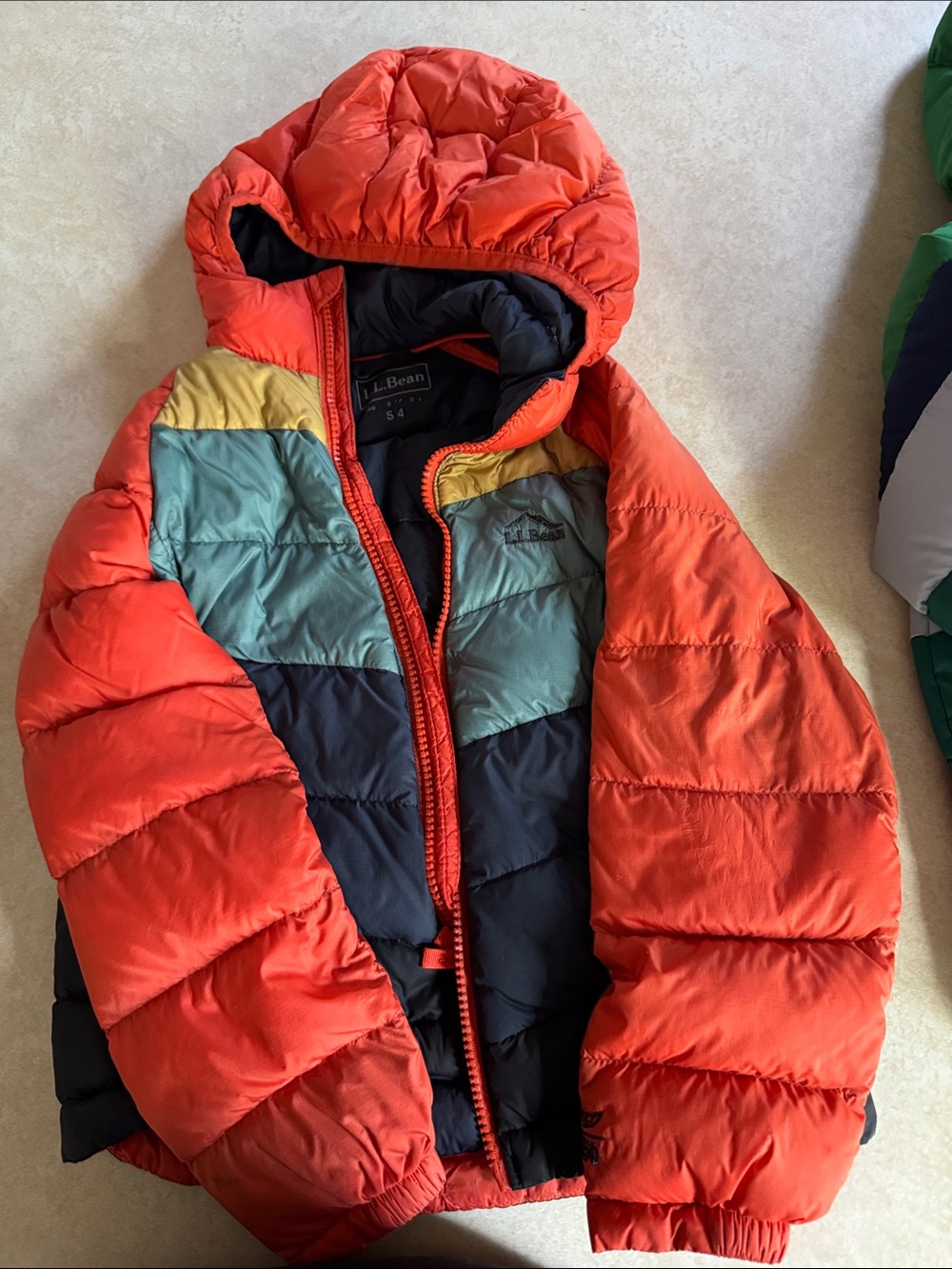 L.L. Bean Kids Colorblock Puffer Jacket - Orange, Teal, Yellow, Navy